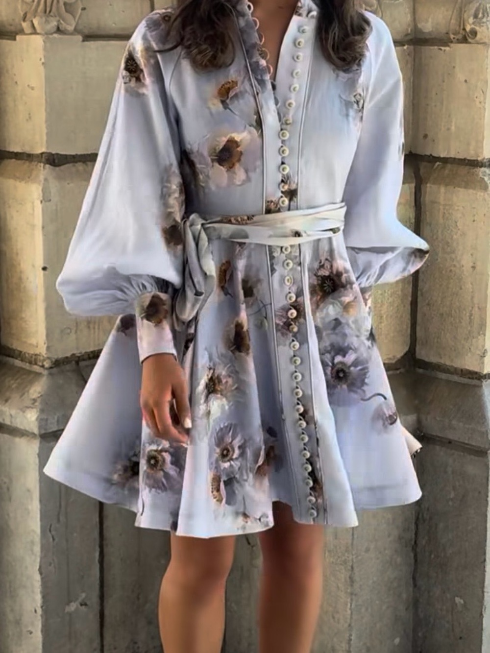NWT Zimmermann Floral Poppy Light Blue Floral Mini Dress with Tie Waist